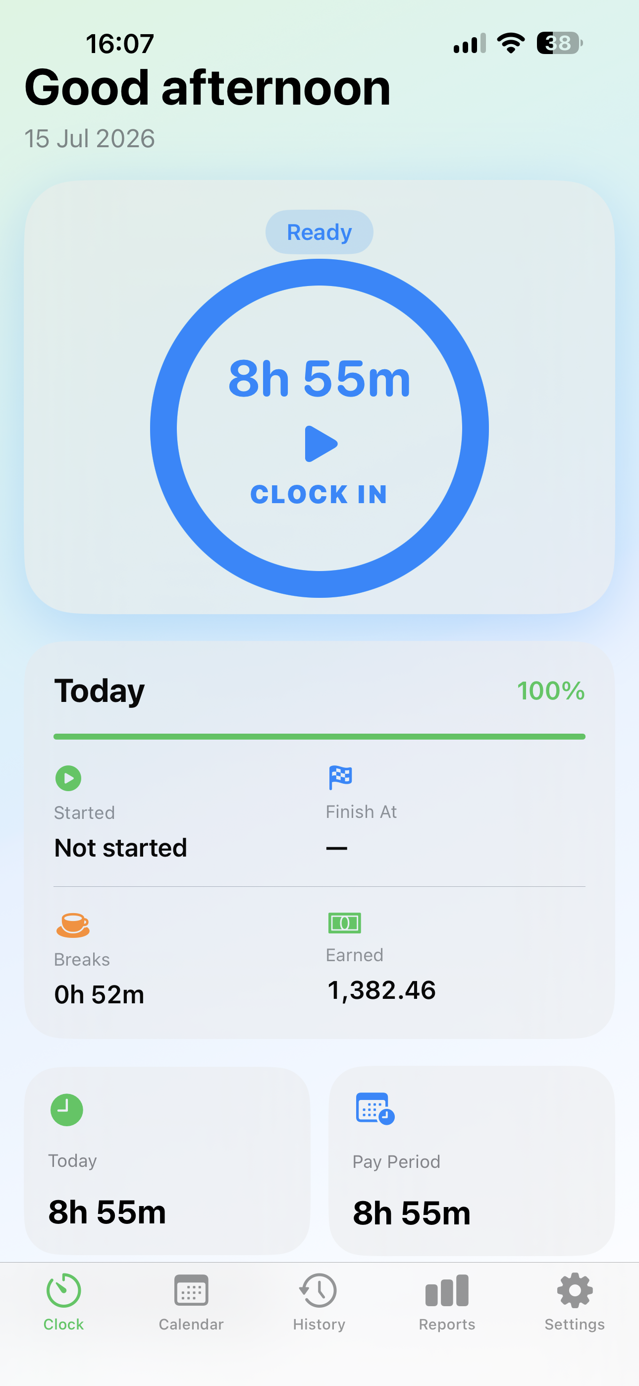 ShiftHQ Clock screen showing an active work shift